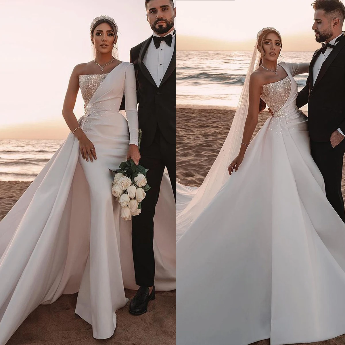 

Glamorous A Line Wedding Dresses Sequined Applique Beads Sweetheart Bridal Gown Sweep Train Vestidos De Novia Custom Size