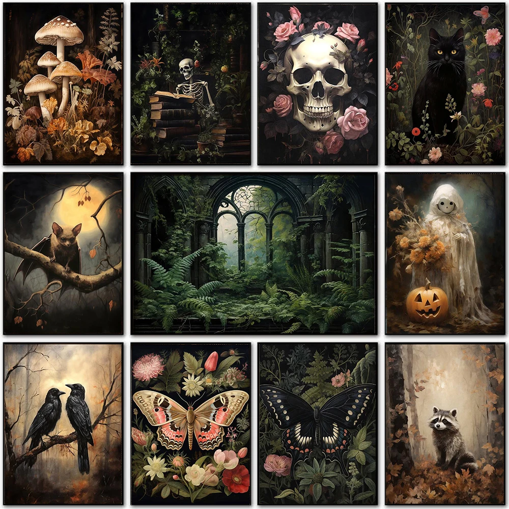 Animales del bosque, mariposas, murciélagos, plantas, flores, arte de pared en lienzo, pintura de naturaleza, decoración vintage, esqueleto oscuro, calabaza, Halloween