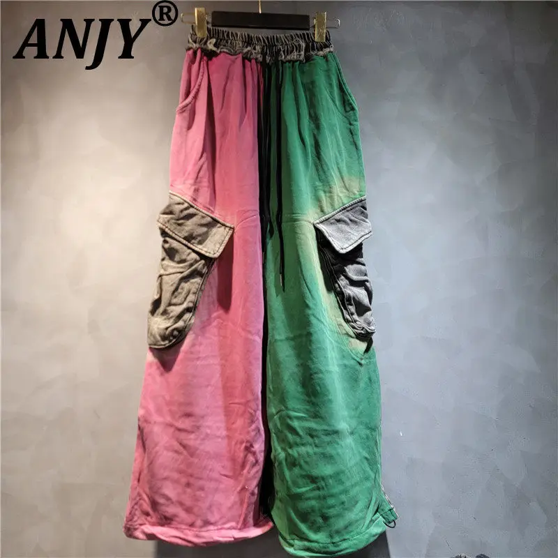 

ANJY 2026 Spring Autumn New Women Personalized Trendy Washed Vintage Color-Block Tide Jeans Streetwear Chic Cargo Pockets A19565