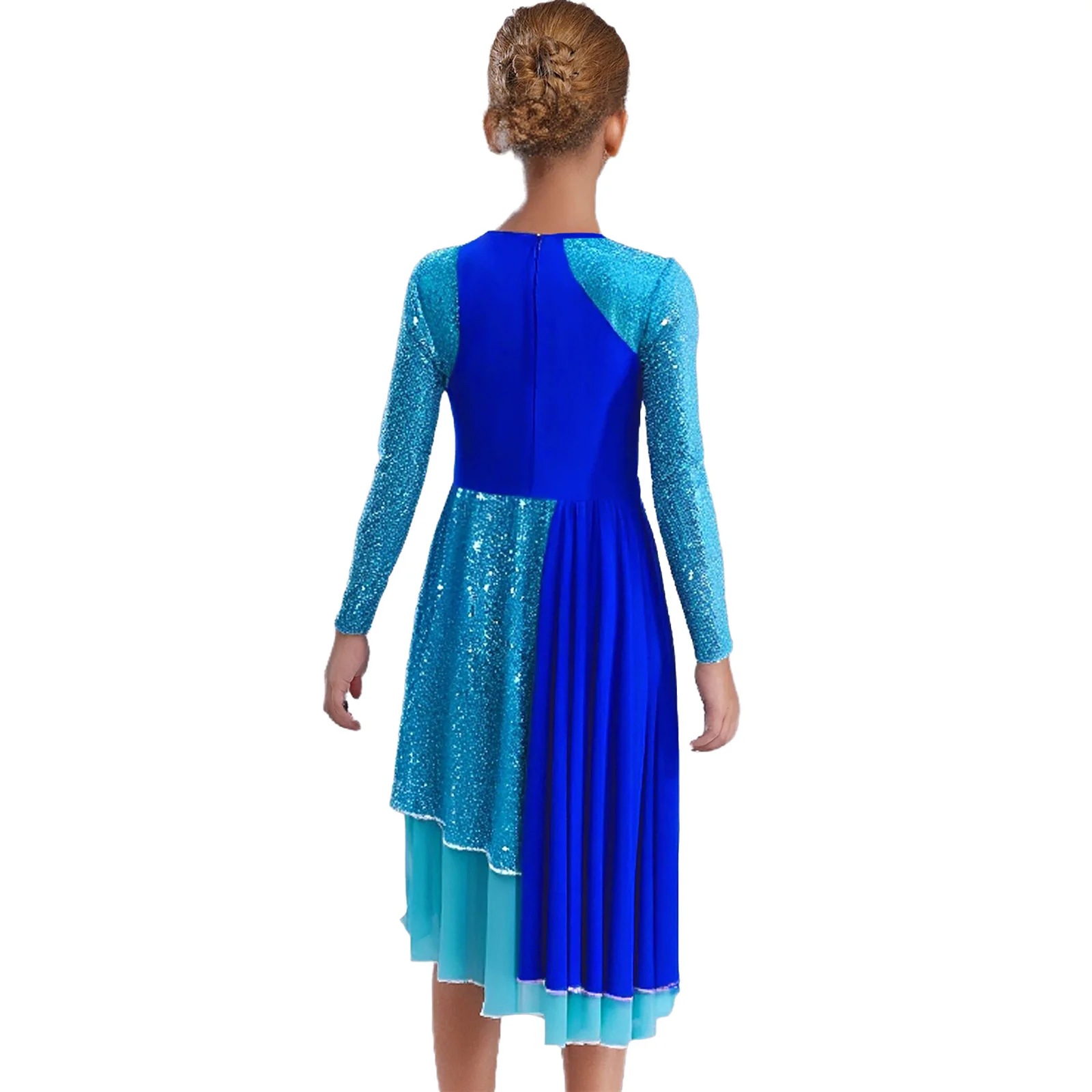 Kinder Mädchen Pailletten Farbblock Lobpreis Tanzkleid Lange Ärmel Asymmetrische Anbetungsrobe Liturgische Lyrische Kirche Tanzkleidung