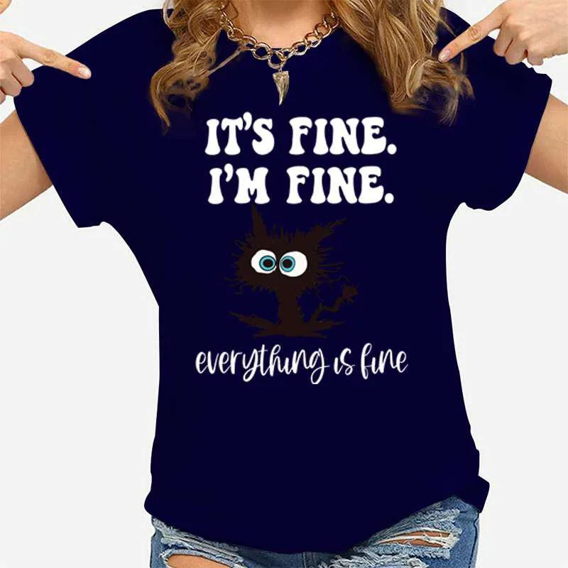 Women's Fashion Printed Cat It's Fine I'm Fine Everything Is Fine Print T-shirts Summer Casual Loose Round Neck Creative Tops