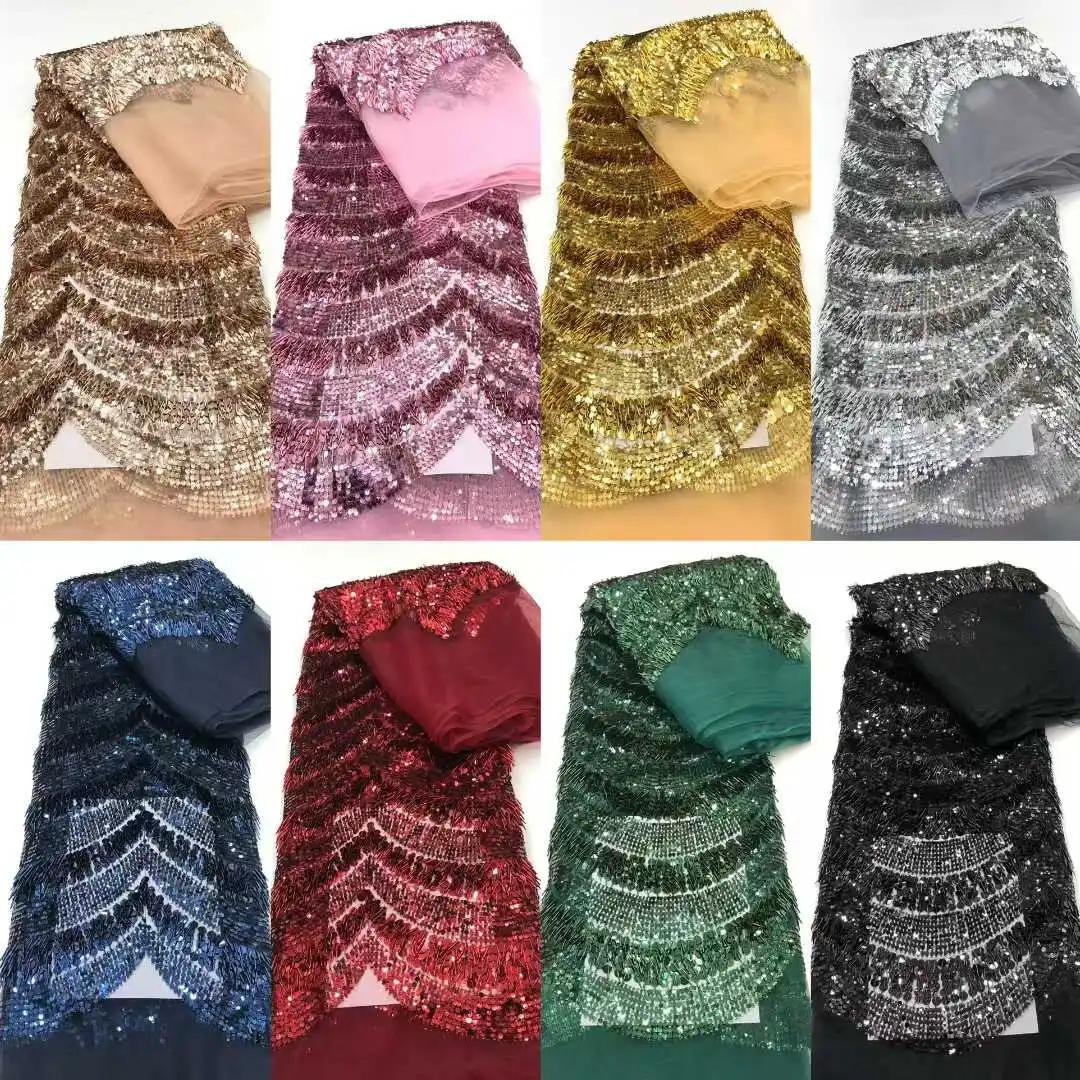 Nieuwste Afrikaanse bruidegom kant stof Franse Tule kant stoffen 5 yards Nigeriaanse 3D pailletten stof voor feestjurk