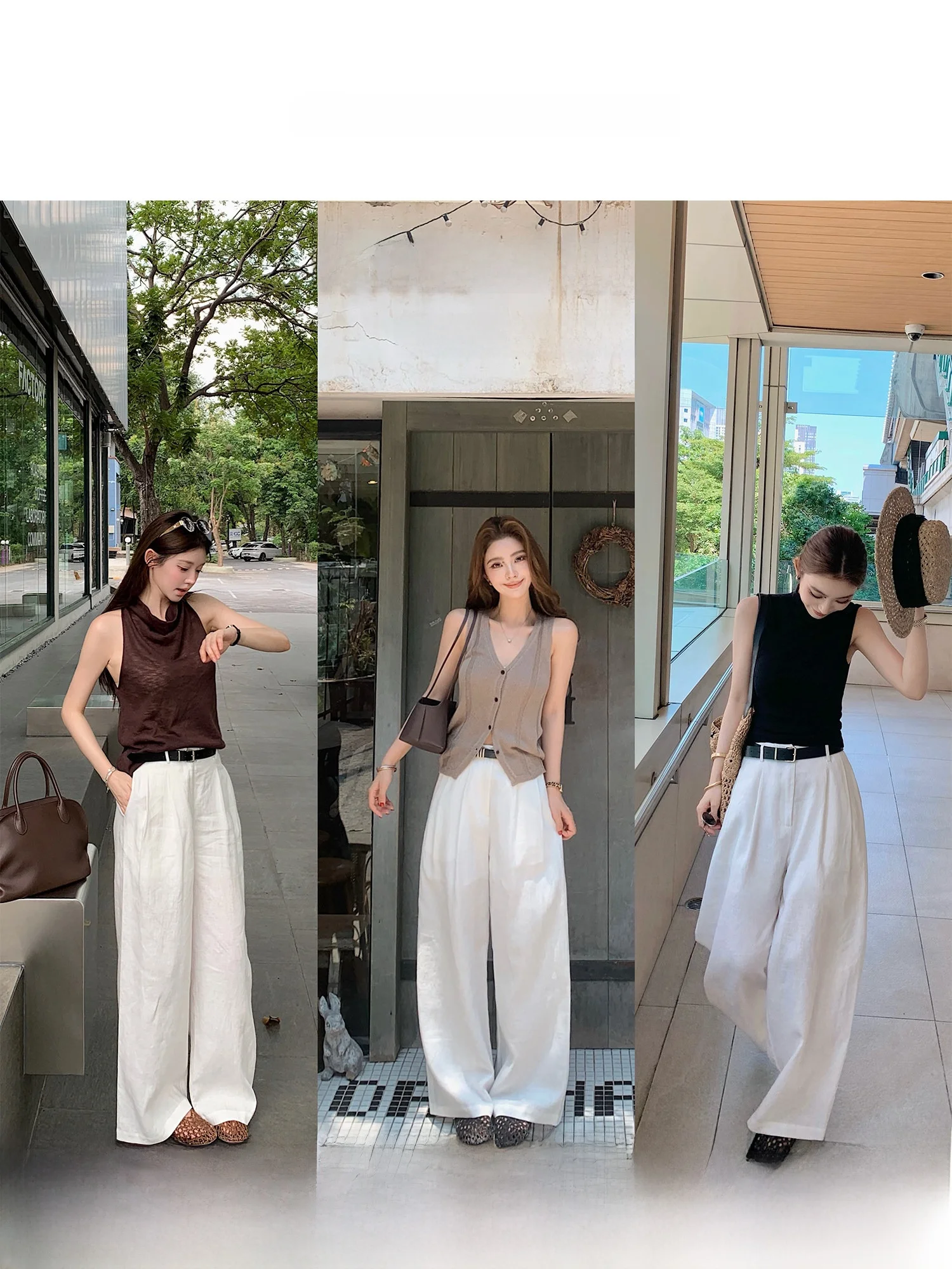 

High Waist Loose Fit Linen Trousers with Belt Casual Pants High Grammage Relaxed Feeling Suit Style Women's Premium Pants