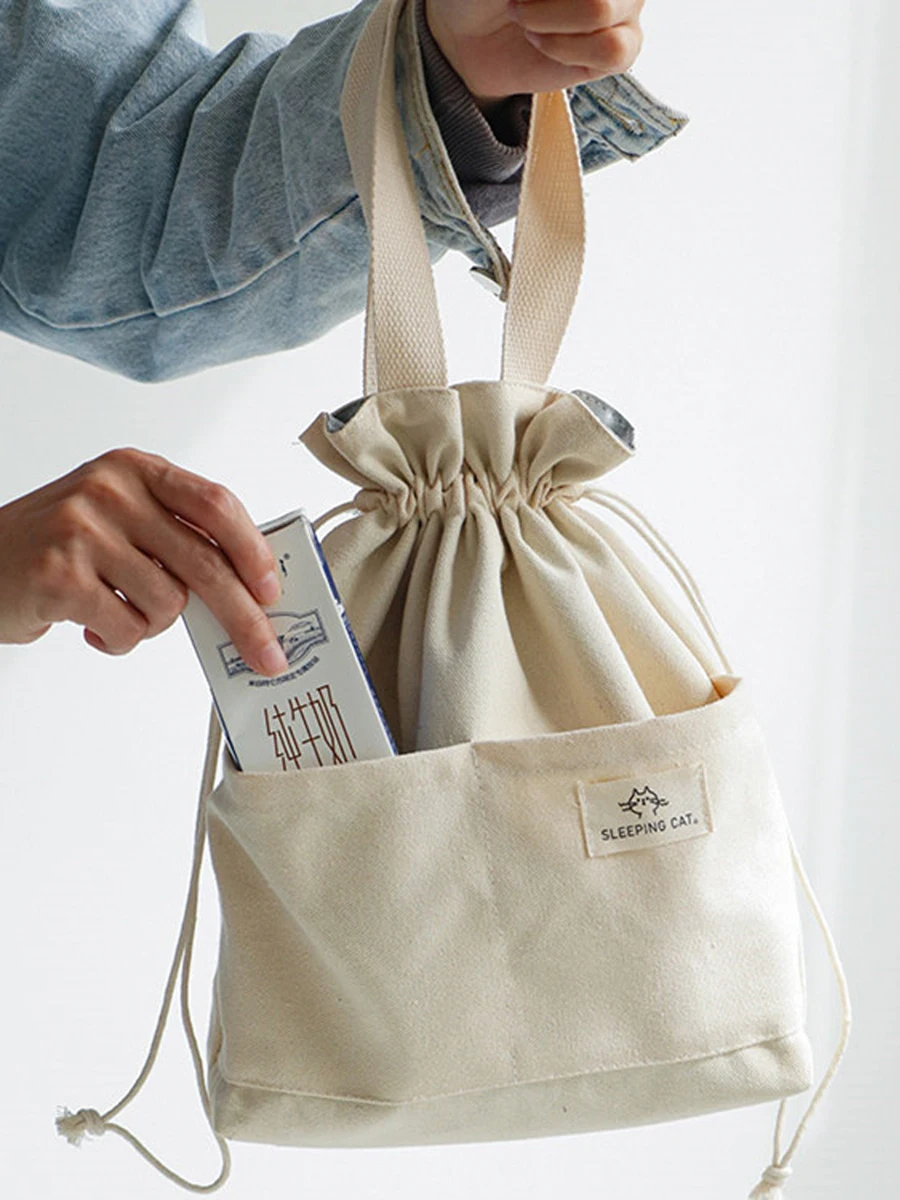 Isolierte Lunchtasche aus Segeltuch mit Kordelzug, verdickte Aluminiumfolie, Thermo-Bento-Box, Tragetasche, Kühler, Handtaschen für Büro, Picknick im Freien – Detail 6