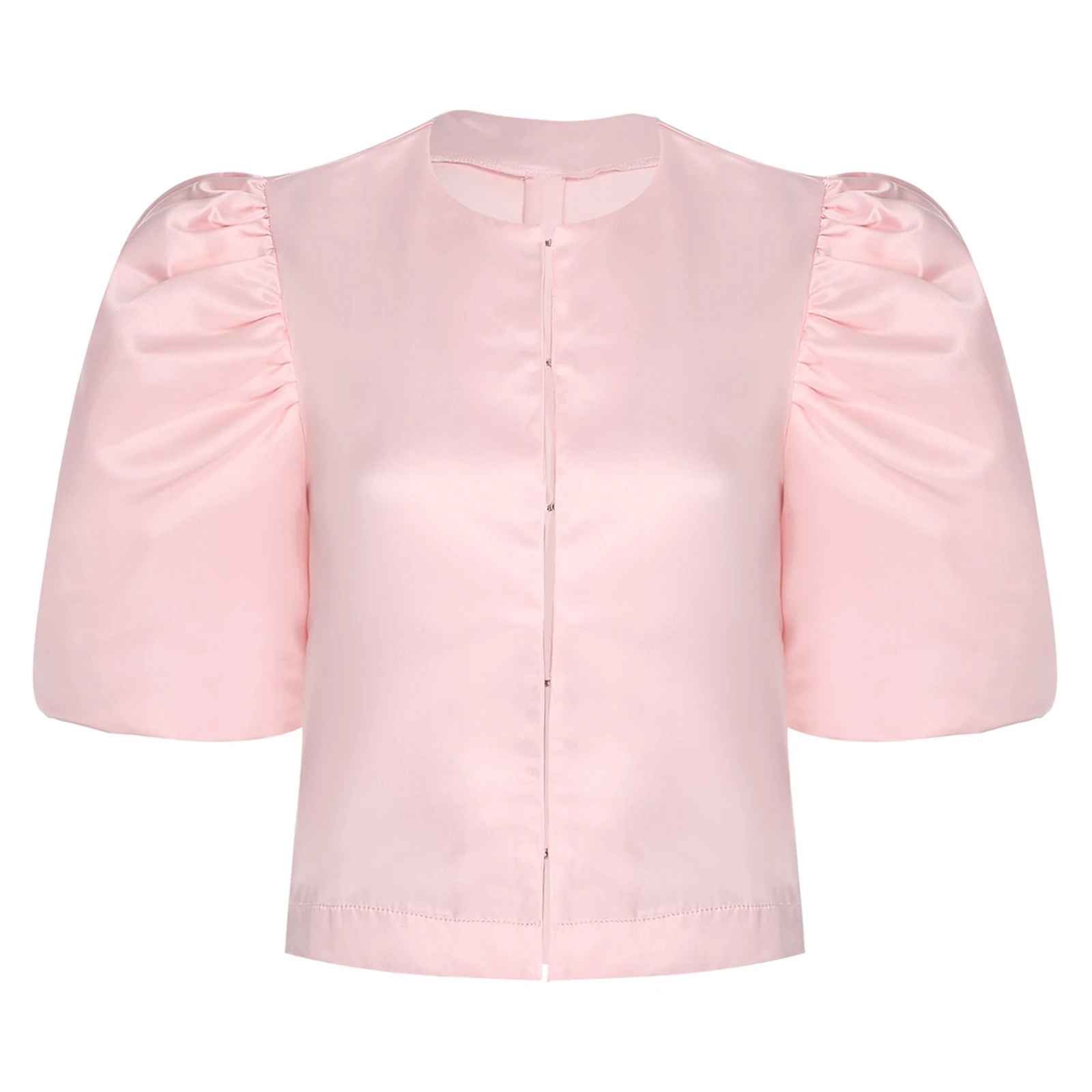 Jaket Wanita Mantel Warna Solid Blus Satin Lengan Pendek Mengembang Kemeja Cardigan Pendek untuk Kerja Kantor Makan Malam Perjamuan Atasan Wanita