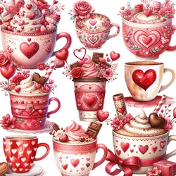 Pegatinas de taza de amor rojo para manualidades y álbumes de recortes, pegatinas decorativas para libros de juguetes para niños, papelería DIY