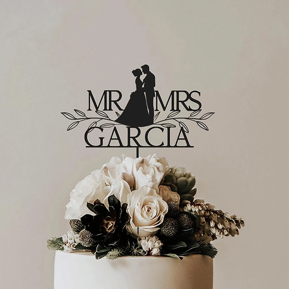 

Custom Mr Mrs Rustic Wedding Cake Topper Gold Script Cake Topper for Party Decor Wood & Arcylic with Couple Last Name and Date