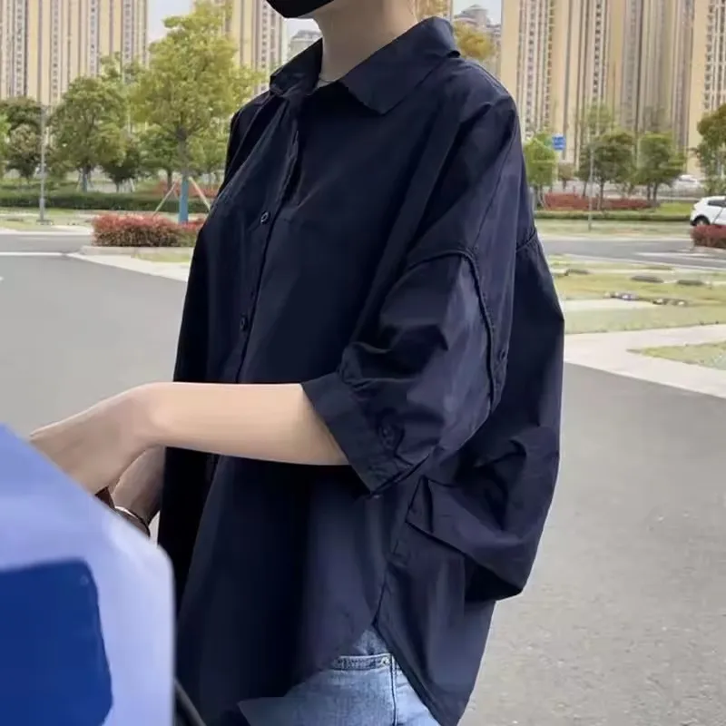 Coreano algodão meados de manga fina blusas femininas 2025 novo verão solto moda irregular camisa casual férias topo roupas femininas