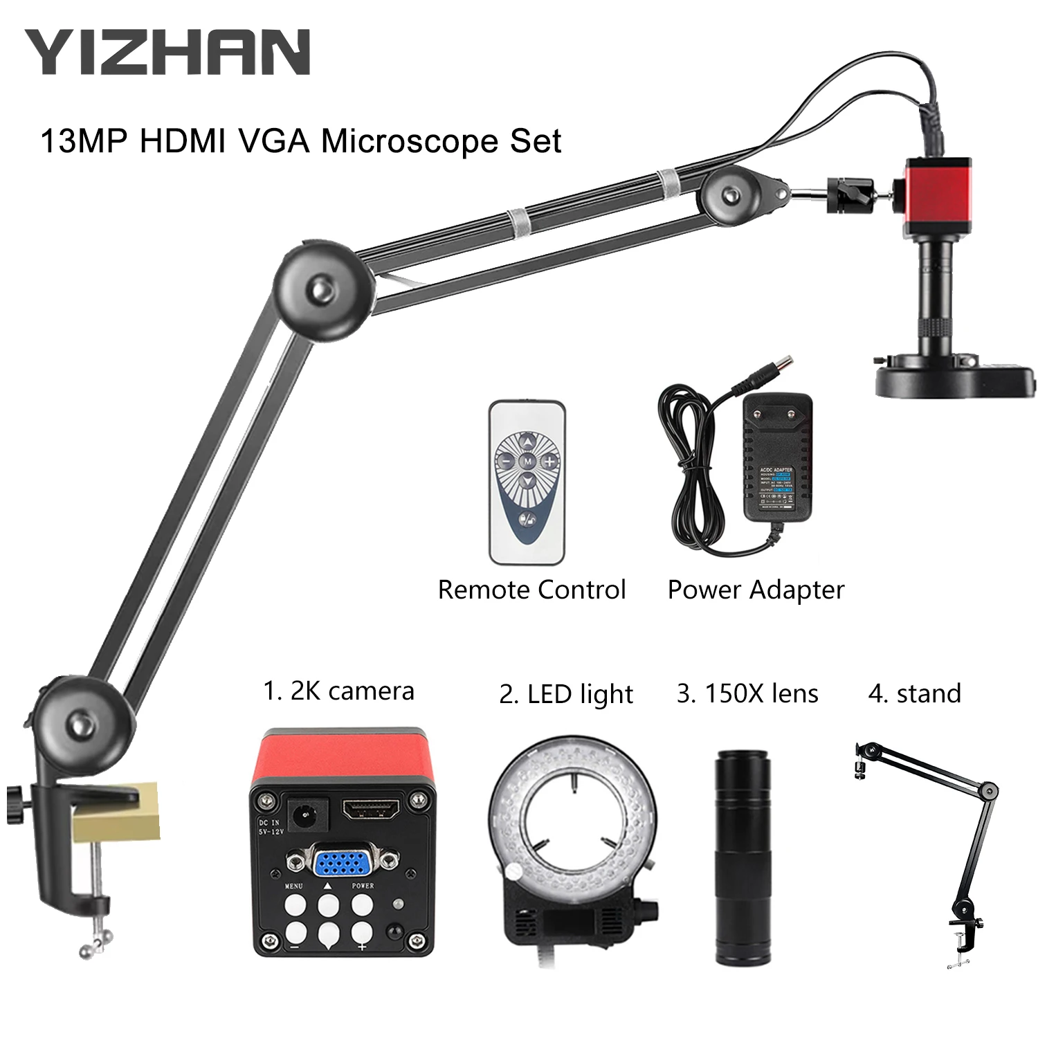 Yizhan HD 1080P Digital Electron Microscope 4K Ultra 2K HDMI Microscope USB VGA 150X Lens 5-100cm Working Distance Tripod Stand