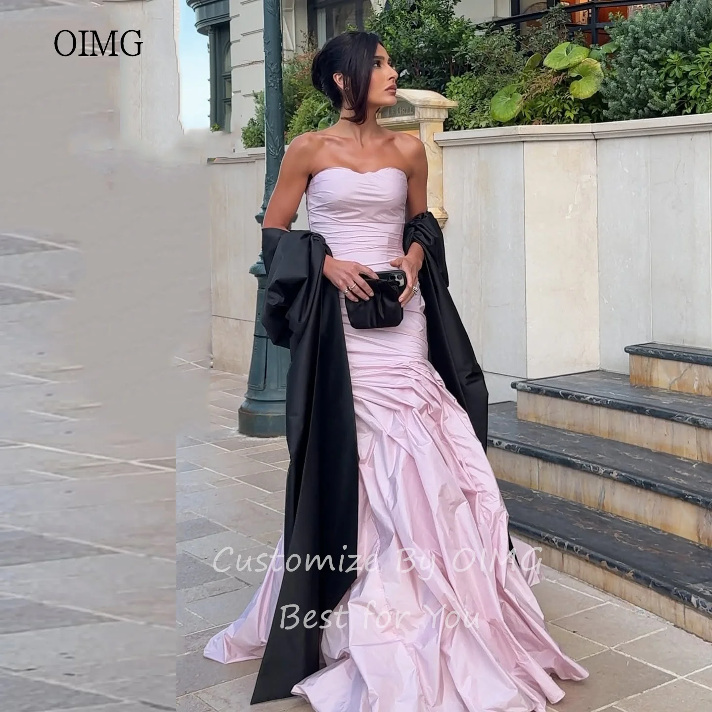 OIMG-vestidos de fiesta de corte A, color rosa, con escote en forma de corazón, sin espalda, chal, vestido de fiesta Formal, vestido de noche moderno hasta el suelo personalizado