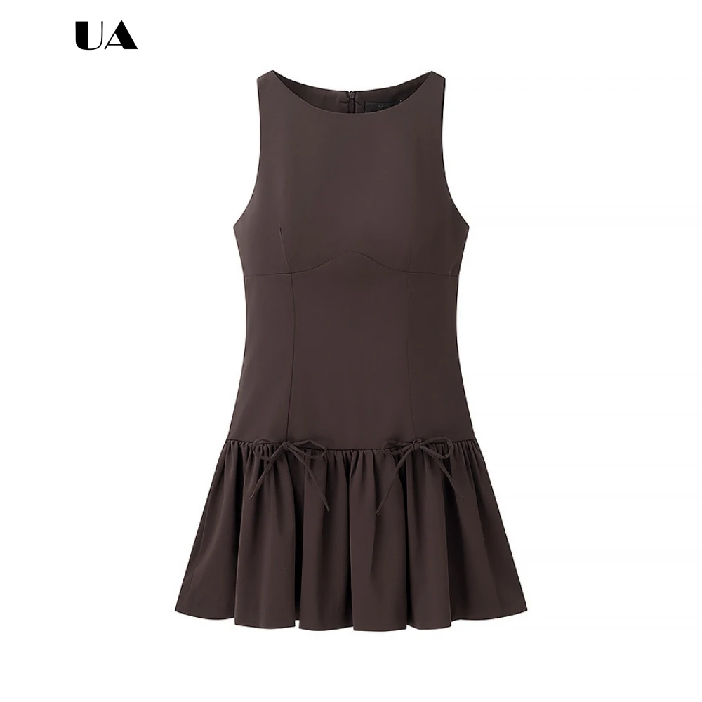 

Винтажное мини-платье ULBYANRY с бантом, расклешенное, с драпированным низом, модное короткое платье без рукавов, классическое платье с круглым вырезом