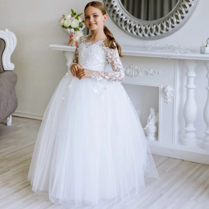 

White Applique Flower Girl Dress For Wedding Elegant Tulle Lace Floor Length Full Sleeves Kids Birthday First Communion Gown