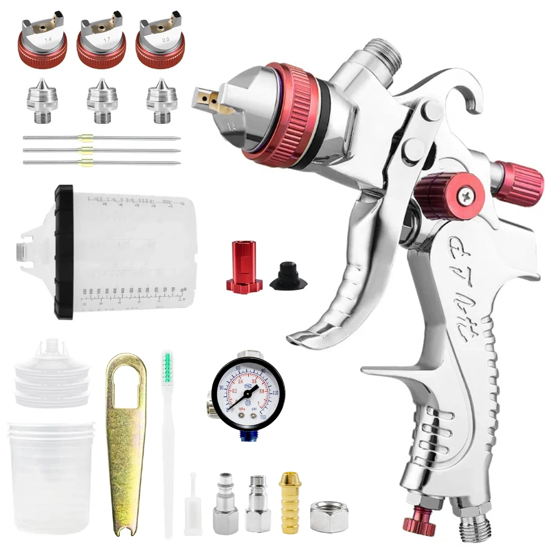 HVLP H2008 Spray Paint Gun 1.4/1.7/2.0mm Nozzle 3Pcs 650ml Disposable Cup Pressure Gauge For Car Furniture Painting Red