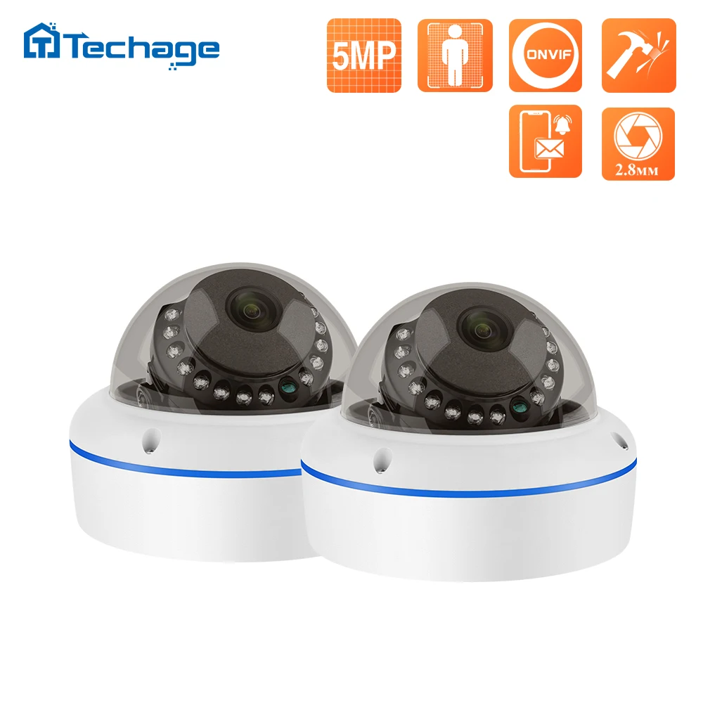 Techage Telecamera di Sorveglianza IP PoE 5MP a Cupola con Audio Unidirezionale, Obiettivo 2.8mm, Antivandalismo, H.265, IPC P2P per Videosorveglianza CCTV, ONVIF, XMEYE