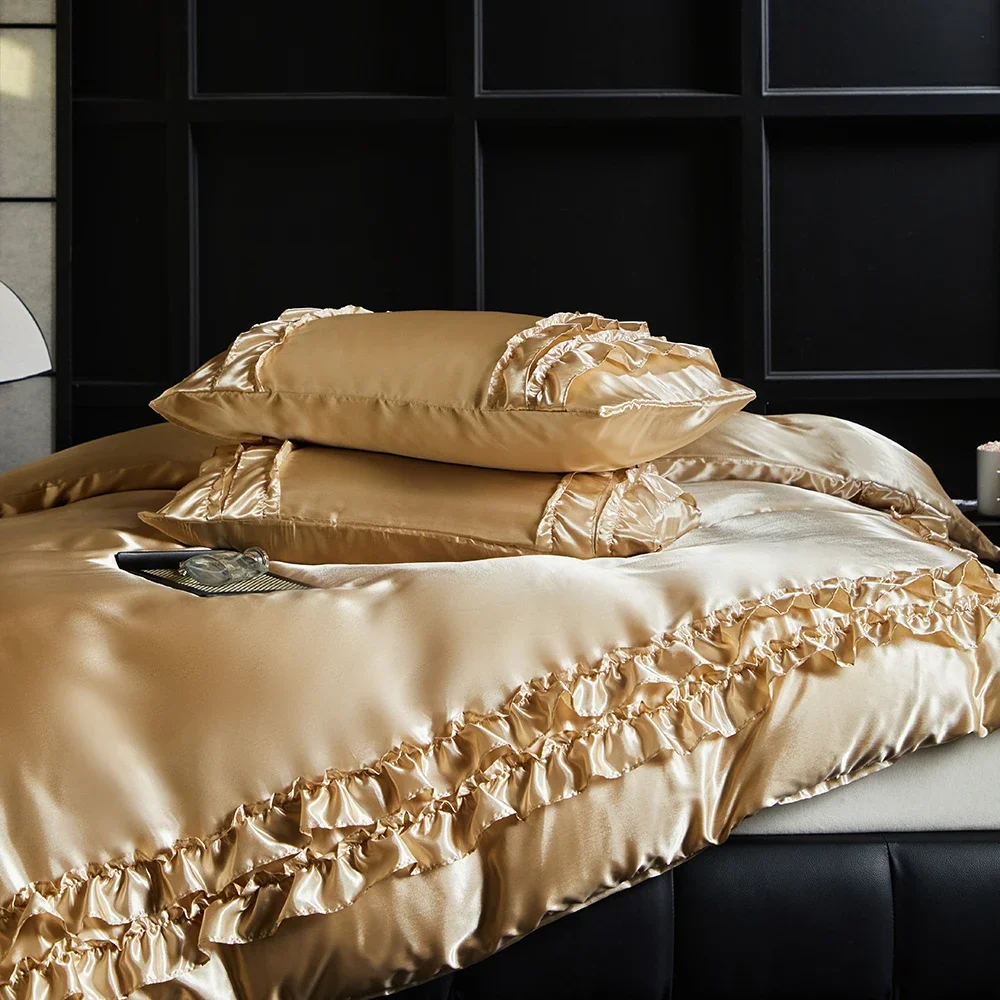 Luxury Satin Double-layered Ruffles Bedding Set Queen Soft Smooth Duvet Cover and Pillowcase Silky Single Double Comforter Cover