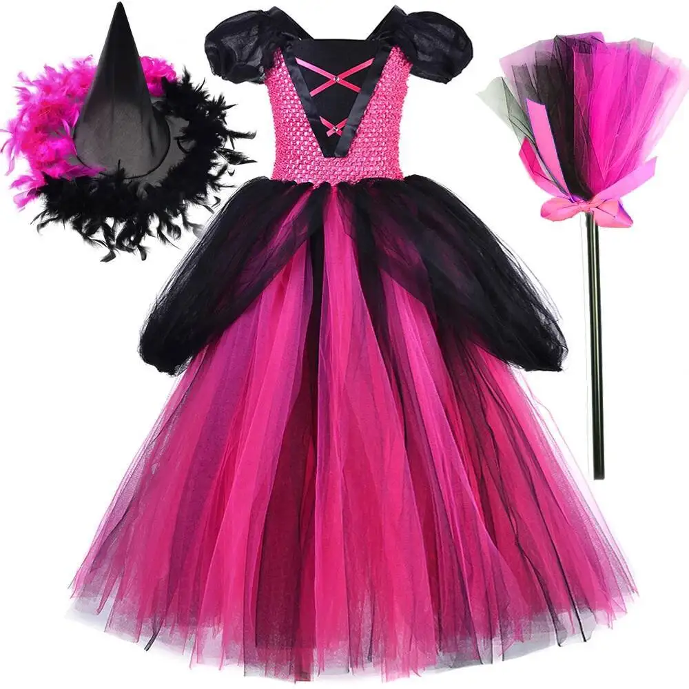 

3 Layers Witch Long Lined Dresses for Girls Carnival Halloween Costumes Kids Full Length Fluffy Tutus Outfit with Short Sleeves