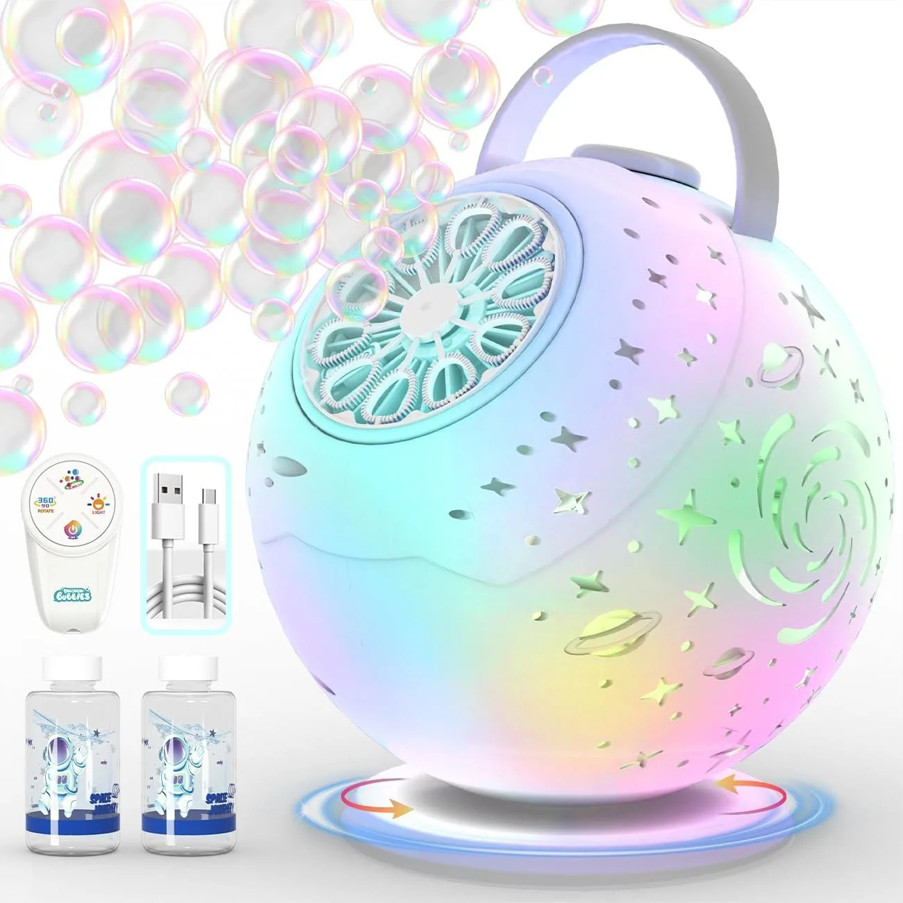 

Rechargeable Bubble Machine with 360° Rotation, Remote Control, 7-Color LED, 35000+ Bubbles for Kids Toddlers Outdoor Party
