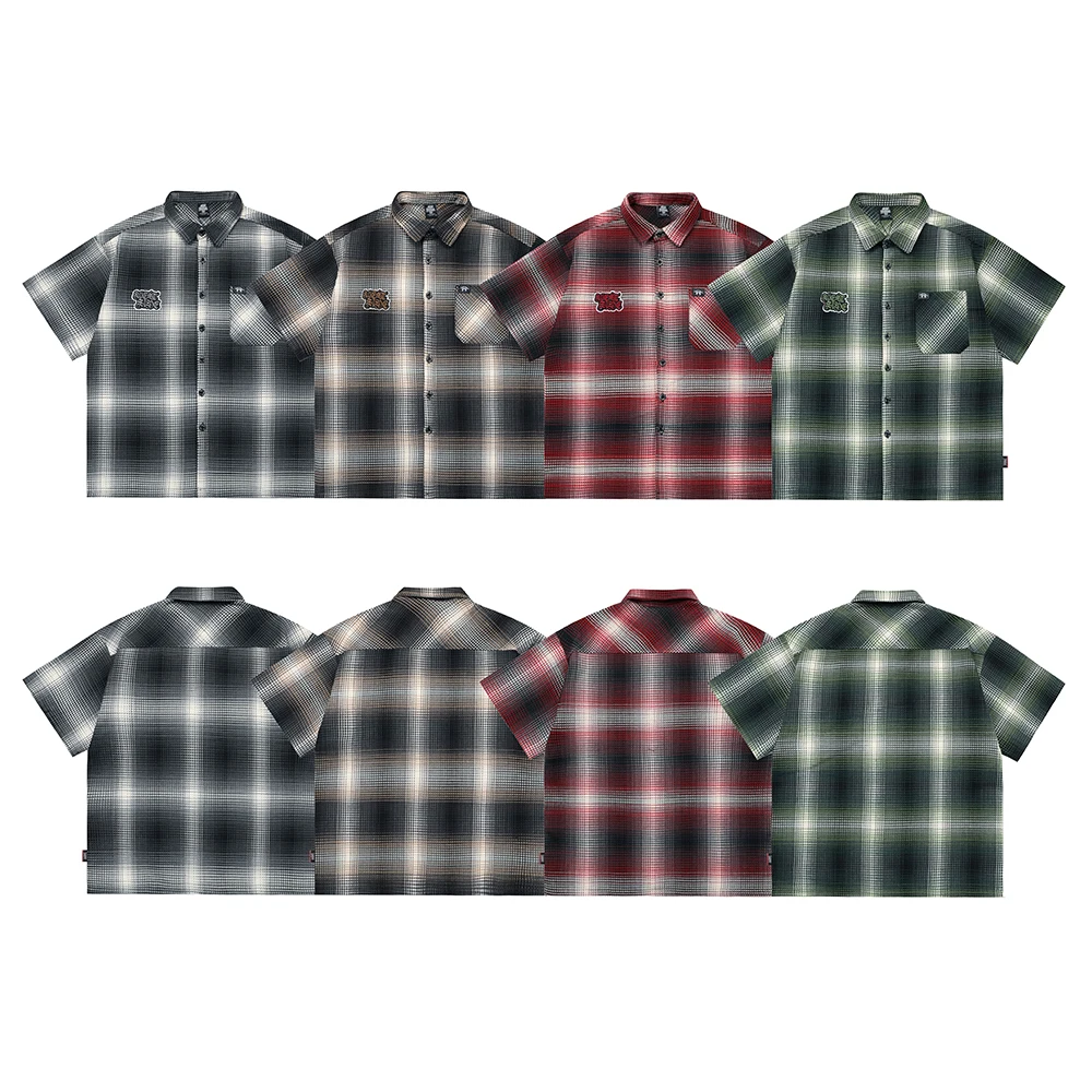 Flower Shaped Embroidery Loose Workwear Checkered Shirt for Men Short Sleeve Patchwork Baggy Plaid Shirt Oversized