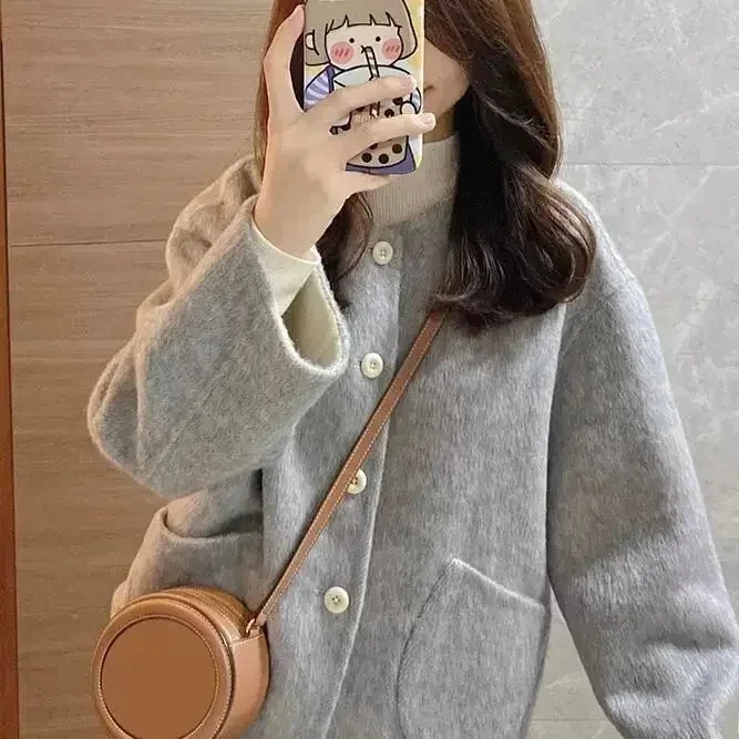 

Серая двусторонняя шерстяная женская куртка, новый летний корейский стиль, ультра красивое твидовое пальто, розовое, с круглым вырезом, большой размер