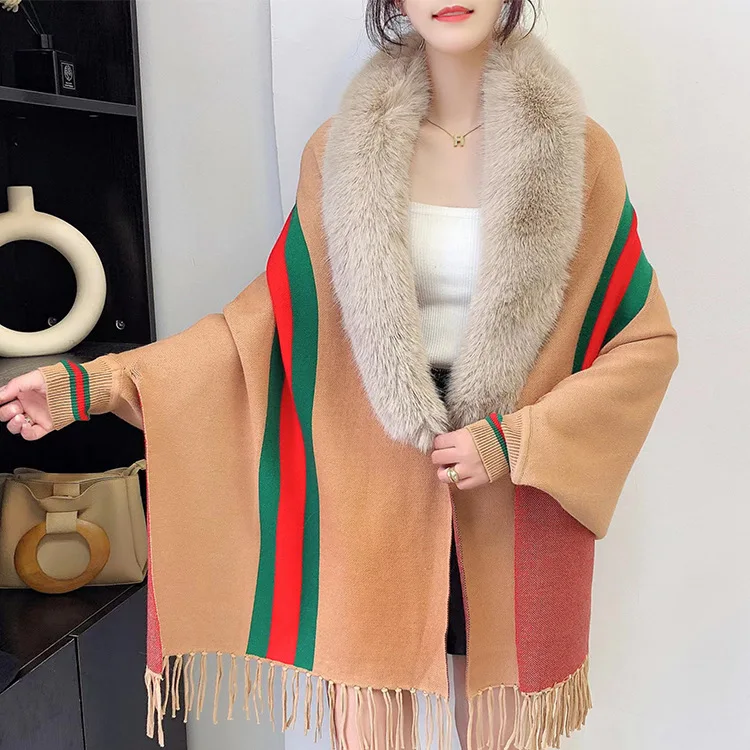 

Autumn Winter New Imitation Wool Collar Knitted Shawl Women Warm Tassels Fashion Street Poncho Lady Capes Khaki Cloaks