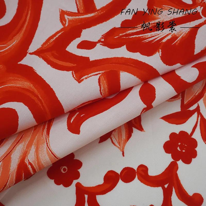 87.5*145CM/Piece Orange Red Vintage Ornate Border Pattern Baroque Scroll Floral Poplin Cotton Cloth Soft Designer Fabric Sewing