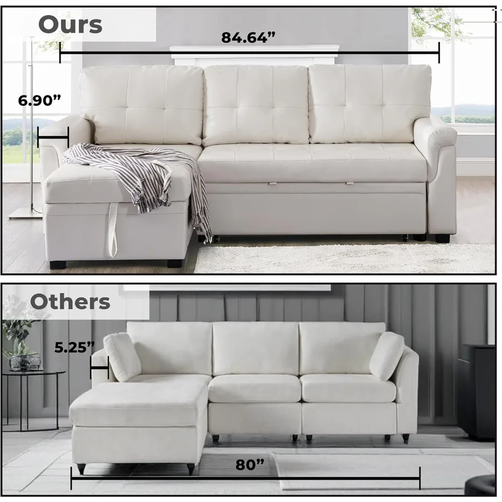 أريكة منزلية قابلة للعكس على شكل حرف L، مع سرير نوم قابل للسحب وكرسي تخزين، جلد هوائي أبيض #4
