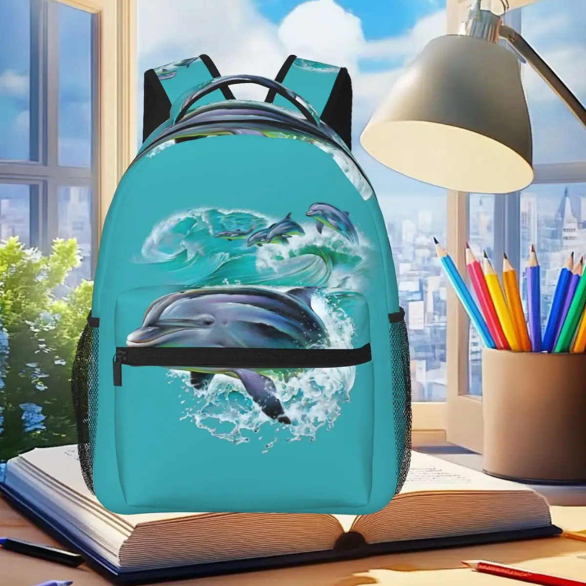 

Dolphins Catching Waves Student Backpack School Bag Hiking Travel Daypack for Boys Girls Fashion Bookbag Shoulder Bags