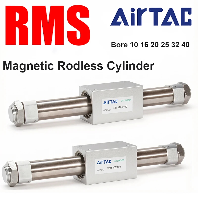 AirTAC RMS10/16/20/25/32/40  Magnetically Coupled Rodless Air Cylinder Adjustable Buffer, Long Stroke Pneumatic Linear Actuator