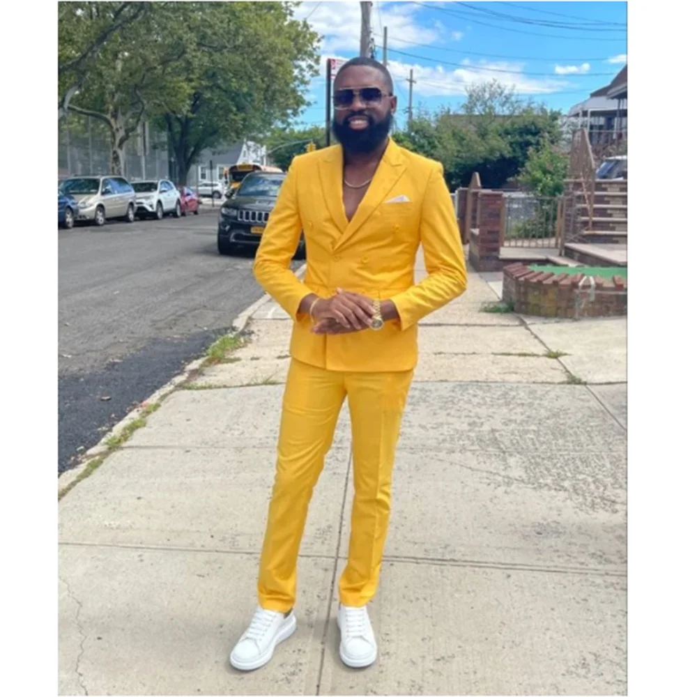 Chic Smart Bright Yellow Suits For Men Double Breasted Peak Lapel Two-pieces (Jacket+Pants) Party Prom Traje De Hombre Elegante