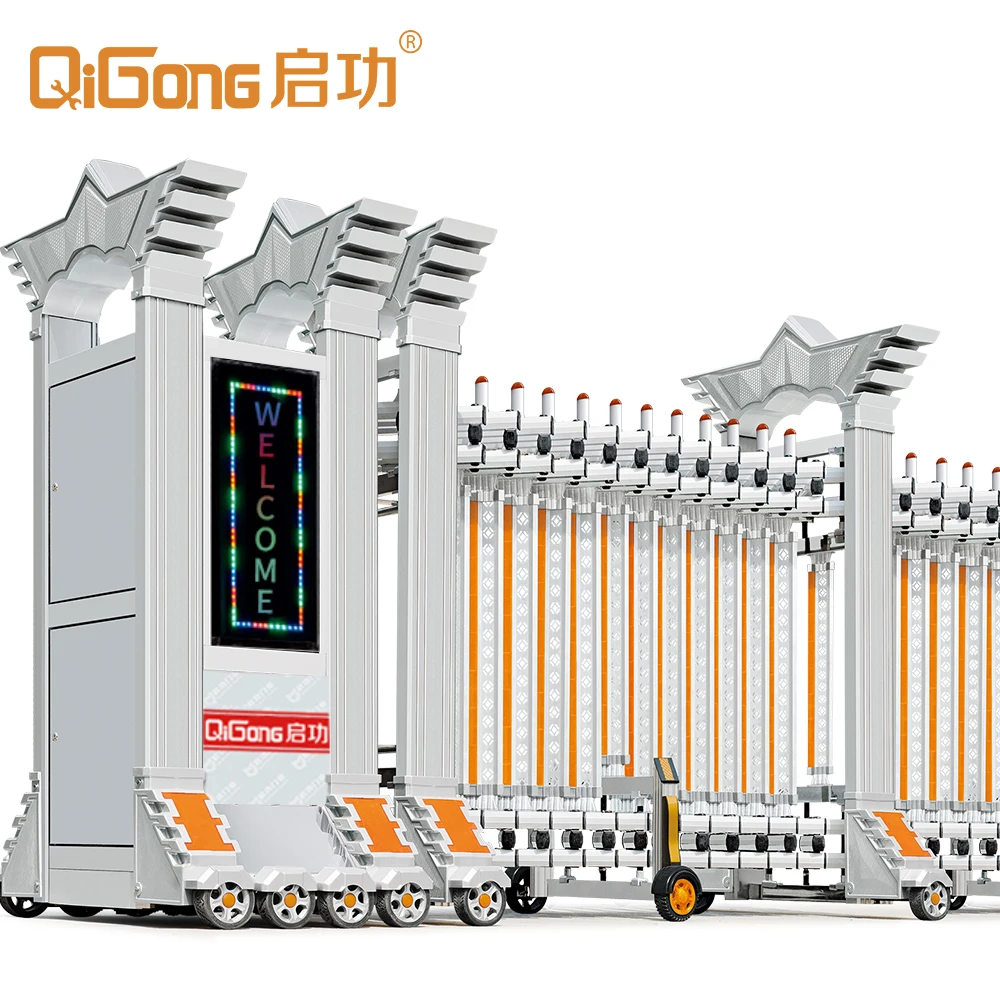 

Hot Standard Sliding Gates Commercial Factory Entrance Automatic Fence Gate QG-L1703 Retractable Aluminum Alloy Gate Silver