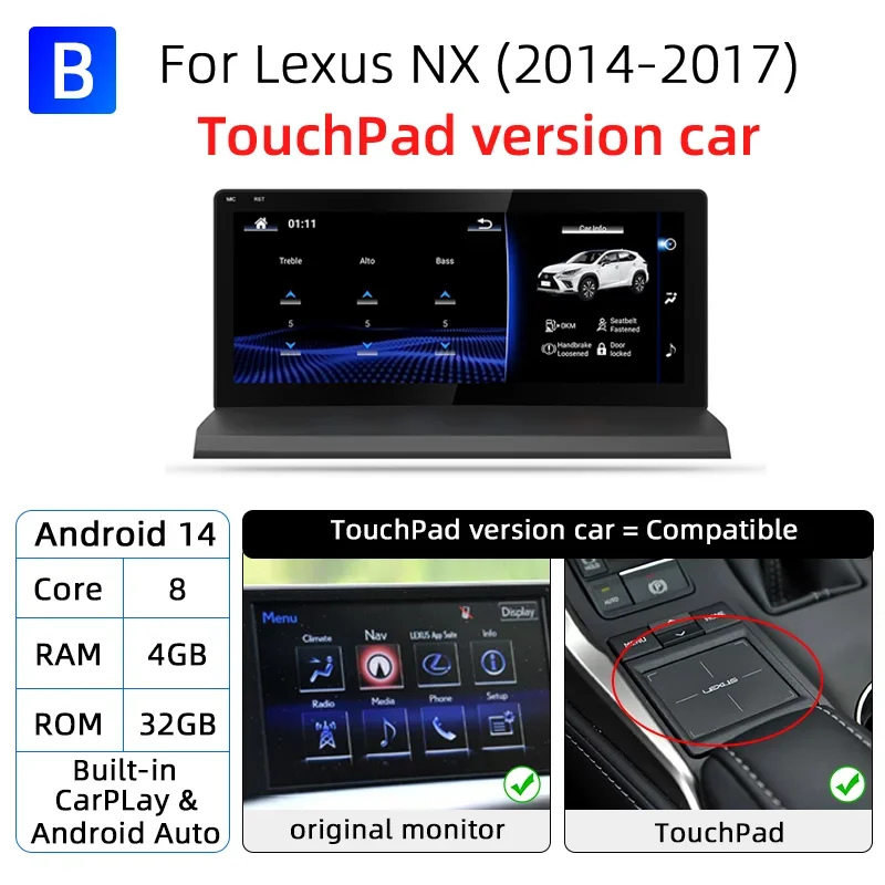 Nunoo Android 14 CarPlay autoradio voor Lexus NX NX200 NX200T NX300h 2014-2021 Multimedia Navigatie GPS DSP 4G WiFi