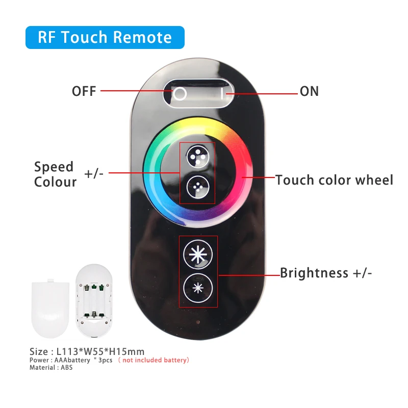 3CH RGB Controller DC 12V 24V 18A High Power LED Dimmer with Touch 6 Key &Color Ring RF Wireless Remote for Strip Light Fixtures