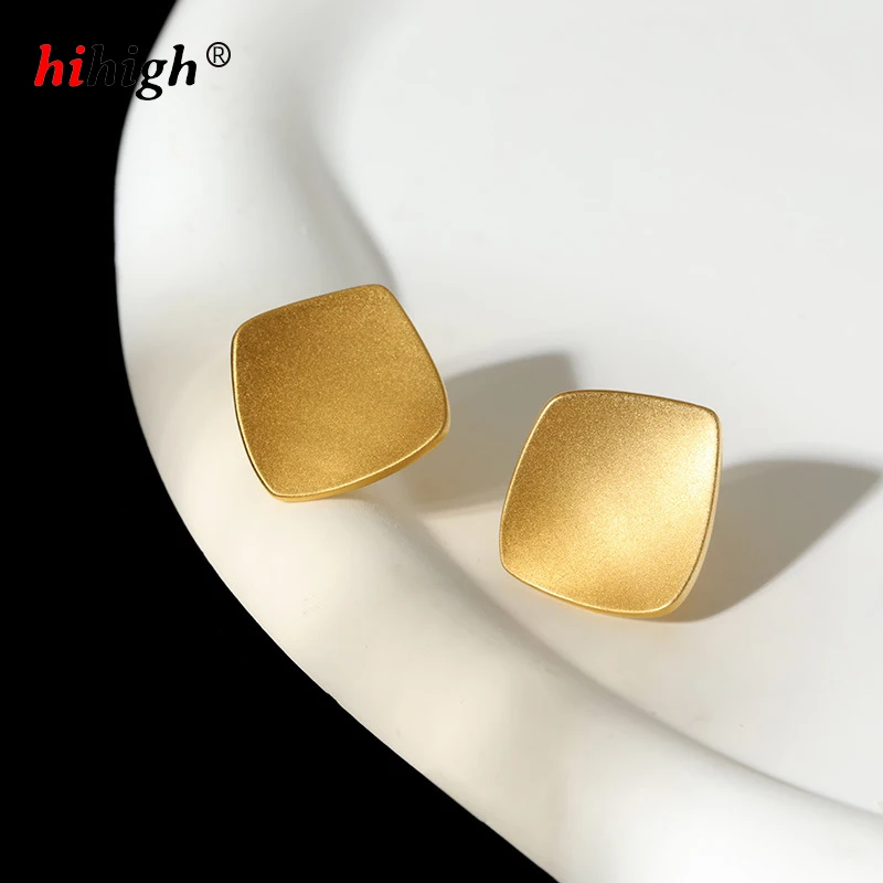 

S925 Sterling Silver Plated with 18K Gold Square Stud Earrings Brushed Matte Texture Minimal Retro Style Woman Girl