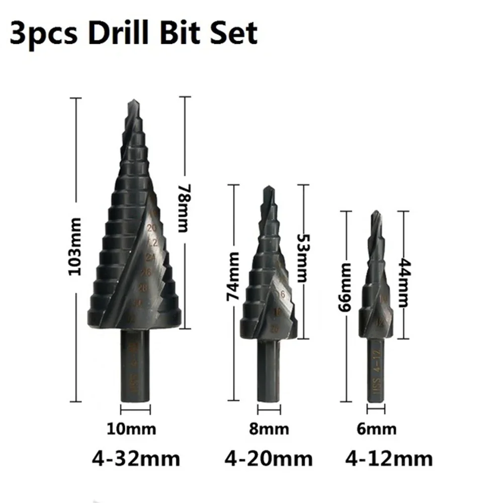 HSS Step Drill Bit Set 4-12/20-32mm Nirtird Coated Spiral Groove Wood Metal Hole Cutter  Cone