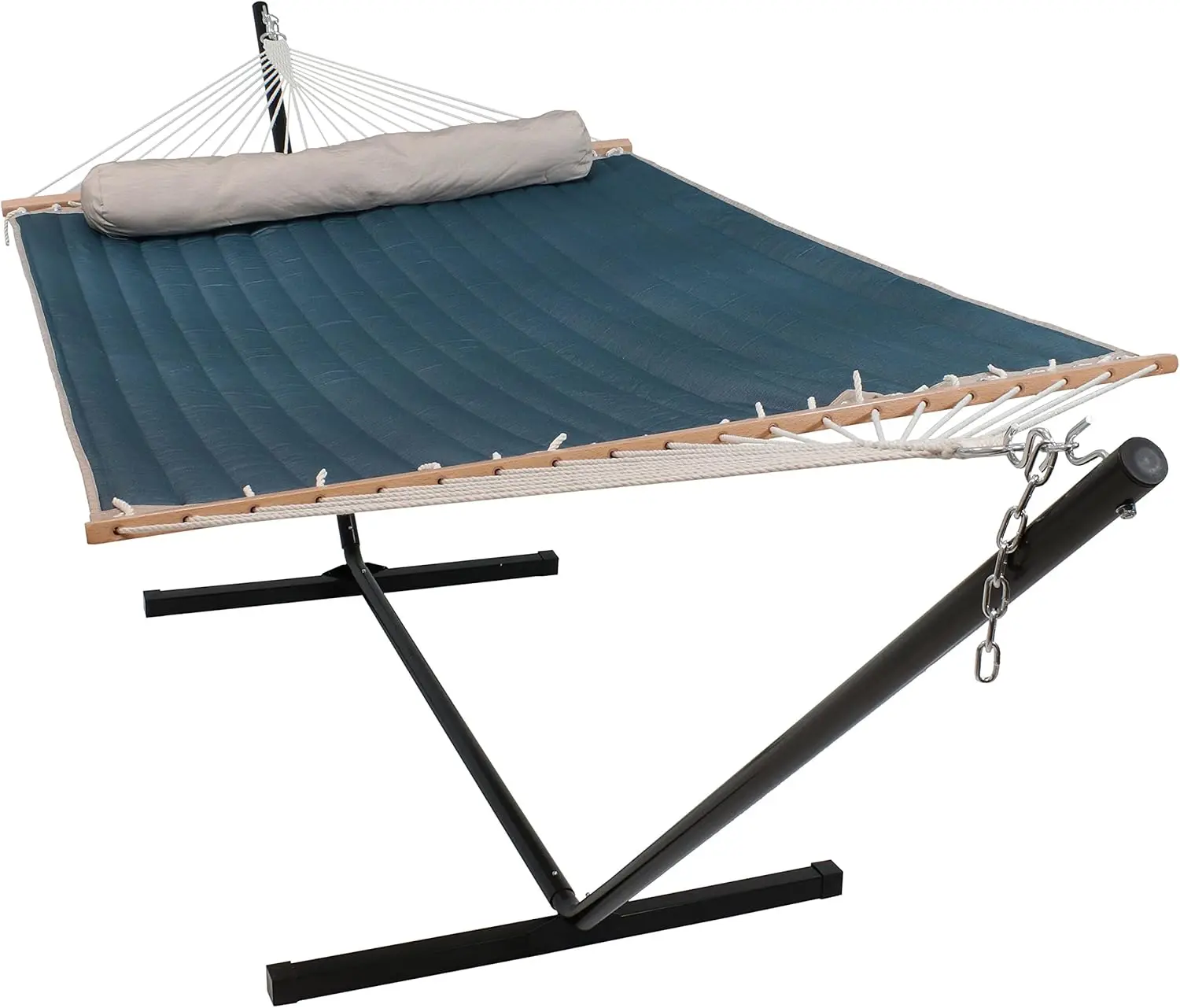 

Двойной стеганый тканевый гамак с подставкой и подушкой — вместимость 350 фунтов — черная подставка — приливная волна
