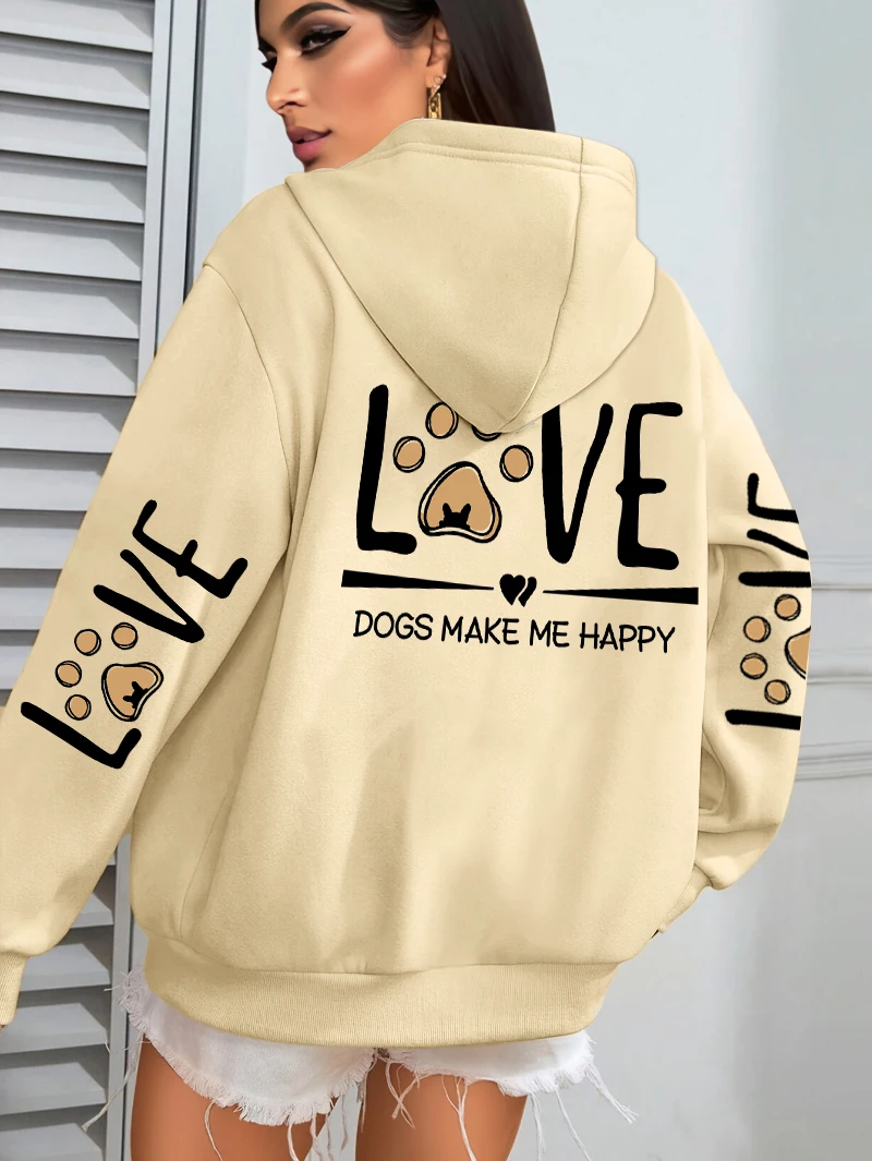 Love Dogs Make Me Happy Pattern Women Hoodie Autumn Multicolor Hoodies Casual All-Match Streetwear Fleece Pocket Woman Hoody