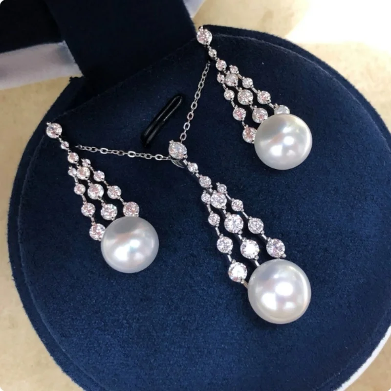 Temperament huge 18 inch AAA 9-10mm natural South Sea pearl pendant necklace+ earrings 925 silver
