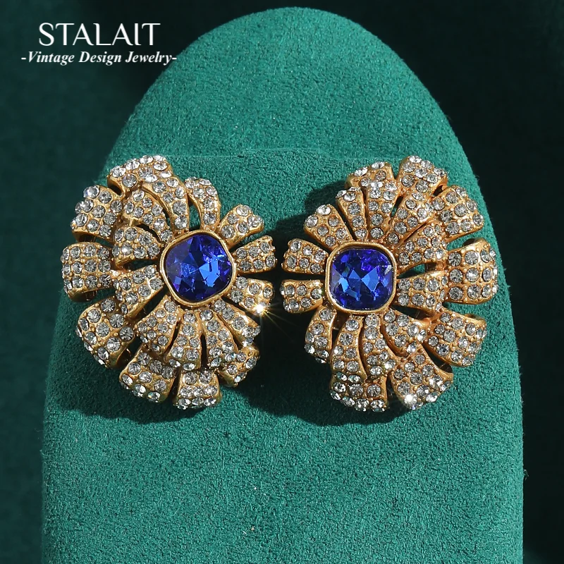 

Винтажные антикварные серьги-гвоздики со стразами и цветами, женские цветочные аксессуары, синие кристаллы, ювелирные изделия золотого цвета, роскошные ювелирные изделия высокого качества