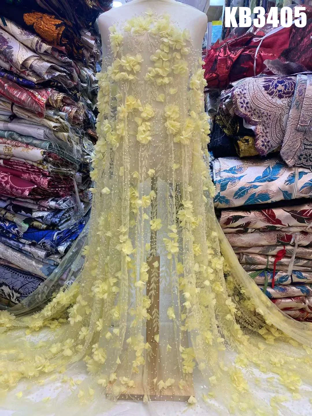 Luxury Tulle With 3d Flowers Yellow Lace Fabric 2022 High Quality Lace Sequin Lace Fabric Embroidered Lace For Sewing KB3405