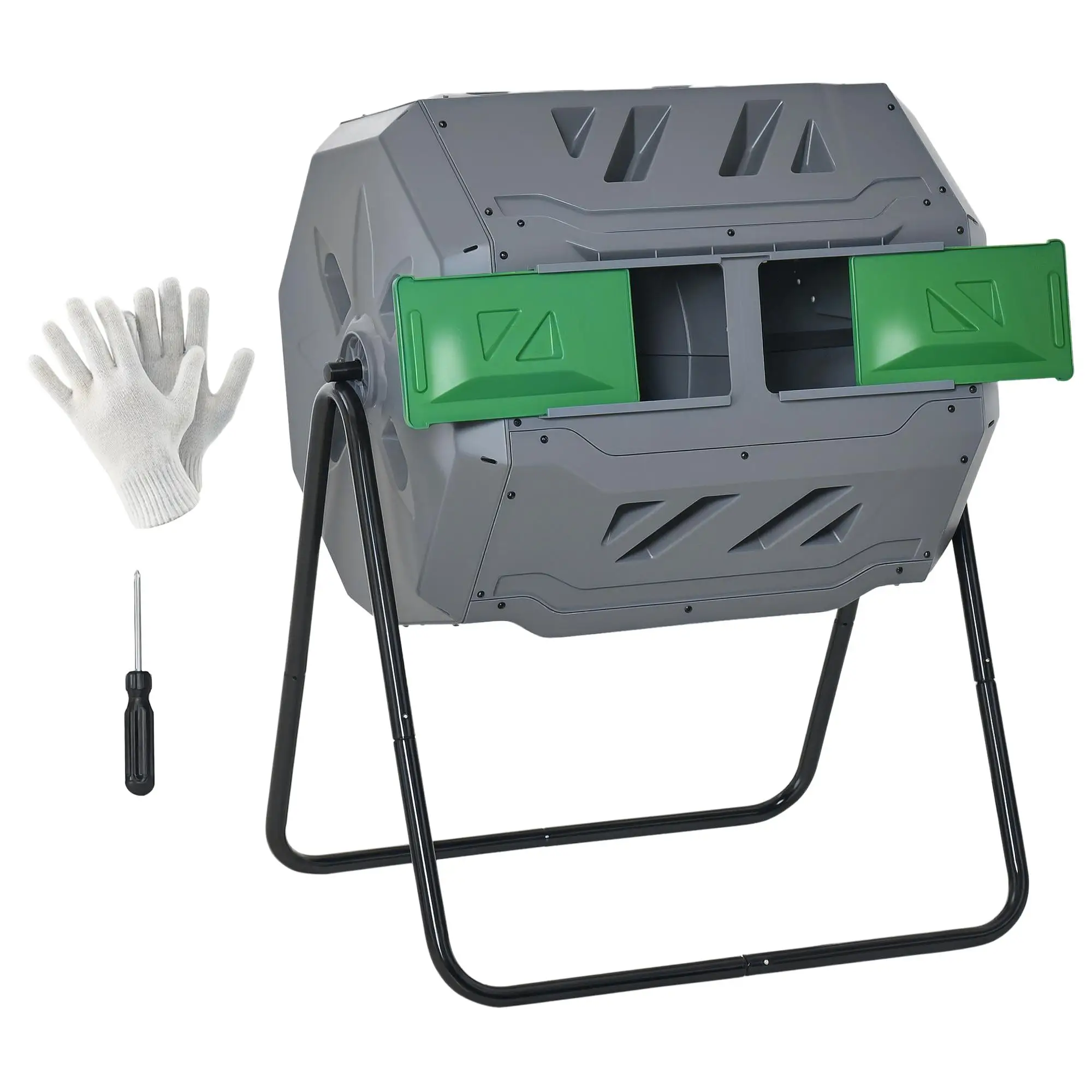 Contenedor de compostaje giratorio de 2 compartimentos, barril giratorio de 160 L con 8 orificios de ventilación, abono de papel para jardín, protección de cultivos