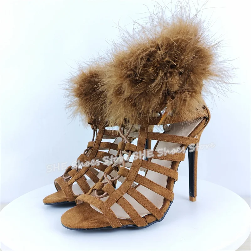 

Sexy Hollow-Out Narrow Band Splicing Fur Sandals Women Peep Toe High Heel Ankle Wrap Nude Boots Lady Large Size Pumps