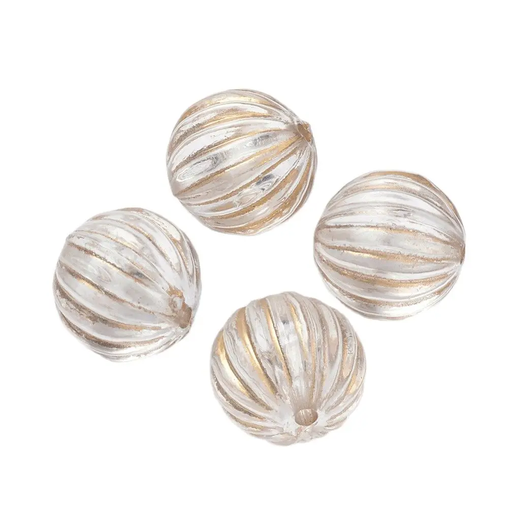 Pandahall 10~30pcs 10mm/12mm/14mm Clear Corrugated Round Plating Transparent Acrylic Beads Golden Metal Enlaced Spacer Bead