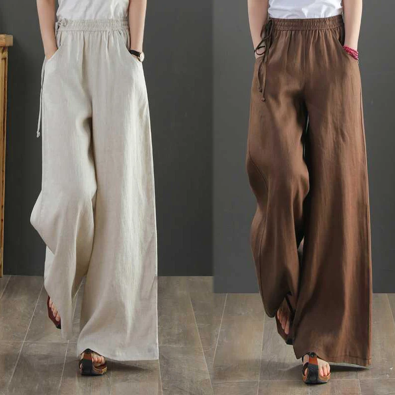 

High Waist Cotton Linen Wide Leg Casual Straight Leg Pants Asymmetric Design Commute Sle Women's plus Size Bot