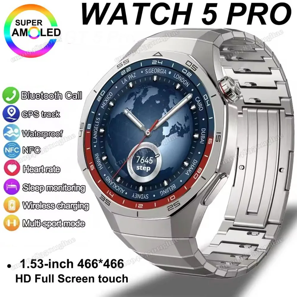 

Смарт-часы 5 Pro GPS NFC, мужские умные часы с AMOLED-экраном 360*360, монитор сердечного ритма, Bluetooth, водонепроницаемые, с функцией звонков, модель MA27