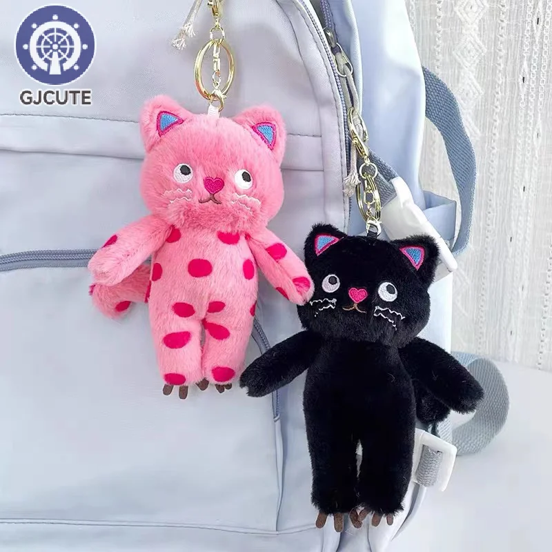 Pink Polka Dots Cat Plush Toy Cartoon Speechless Cat Pendant Soft Stuffed Doll Keychain Car Key Ring Backpack Bag Decor