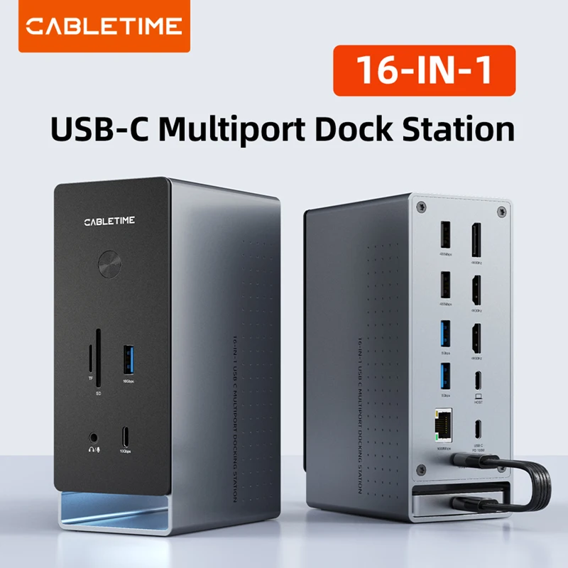 

CABLETIME USB C Docking Station 16 IN 1 Dock C Hub 4K60Hz HDMI USB 3.2 MST Microchip PD100W 10Gbps 1000Mbps Lan SD/TF Dock
