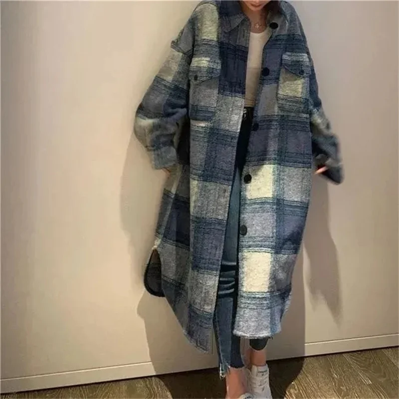 2023 Spring Autumn New Thin Mid-length Shirt Over the Knee Blue Plaid Coat Loose 300 Pounds Korean Version Temperament Commute