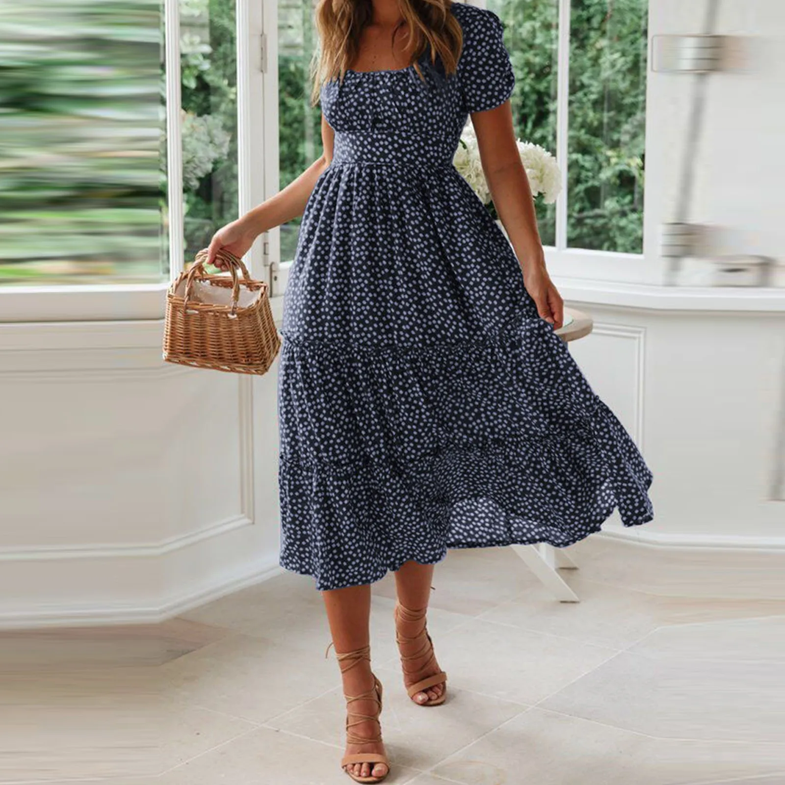 

Floral Print Summer Midi Dress 2024 Fashion Short Sleeve Swing Casual Holiday Beach Ladies Elegant Dress Vestidos Sundress Robe