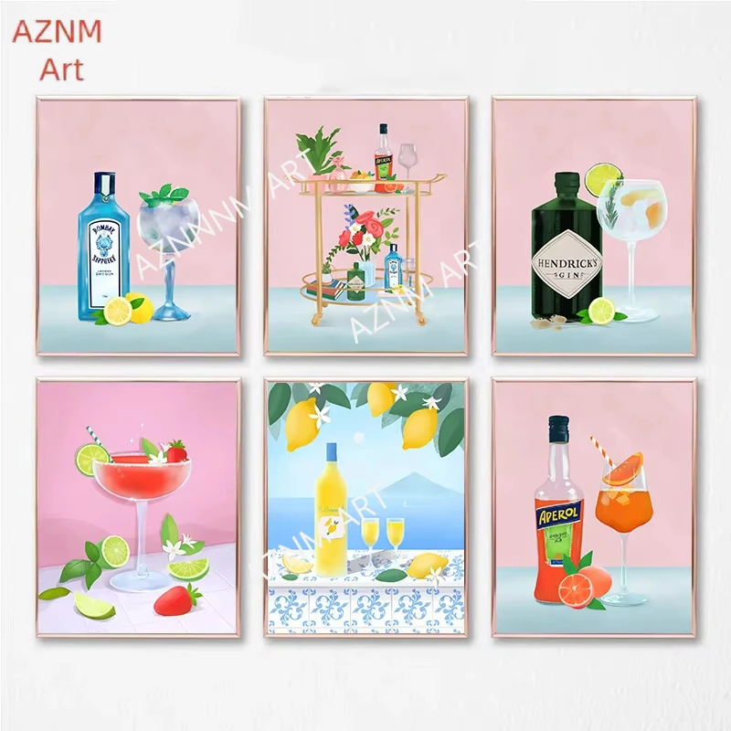 LeDrink Goblet Artwork Poster Prints Blue Cocktails Wine Canvas Painting Wall Picture for Living Room Home Decor Mural Cuadros