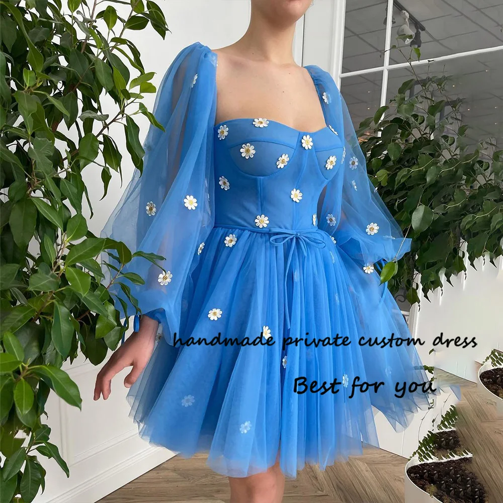 

Blue Sunflower Tulle Short Prom Party Dresses for Teens Long Sleeve Sweetheart Evening Dress Above Knee